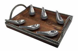 Tray Silver Beaded Wood with Handles 13" x 10"