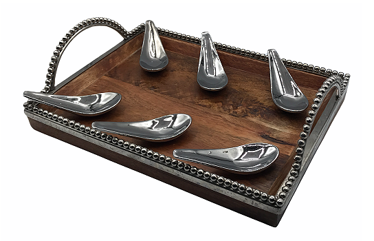 Tray Silver Beaded Wood with Handles 13" x 10"