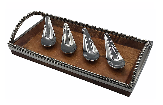 Tray Silver Beaded Wood with Handles 14" x 7"
