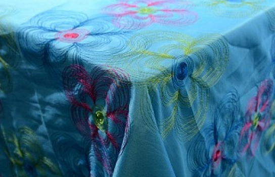 Tablecloth Shantung Aqua Embroidered Floral 144" x 96" Rectangle