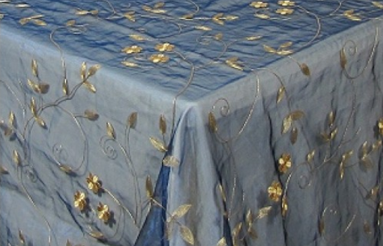 Tablecloth Blue and Gold Embroided Organza 112" Square