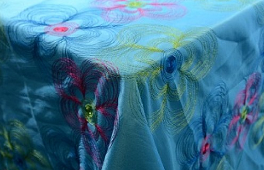 Tablecloth Shantung Aqua Embroidered Floral 122" Square
