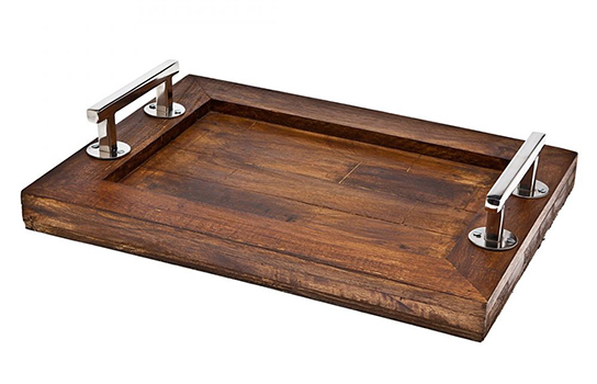 Rectangular wooden tray with chrome handles 16" x 12"